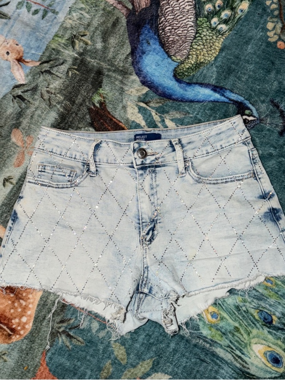 Quilted Light Blue Denim Jean Shorts with Frayed Hem